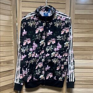 Adidas Black Floral Jacket with White Stripes